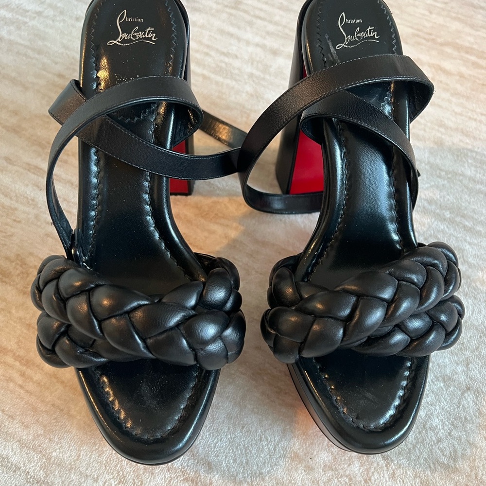 Christian Louboutin Black Braided Leather platform Heel Sandals sz 39 pre owned